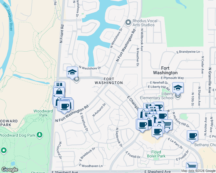 map of restaurants, bars, coffee shops, grocery stores, and more near 9628 East Edgemont Drive in Fresno