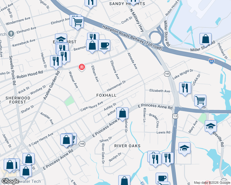 map of restaurants, bars, coffee shops, grocery stores, and more near 5361 Cape Henry Avenue in Norfolk
