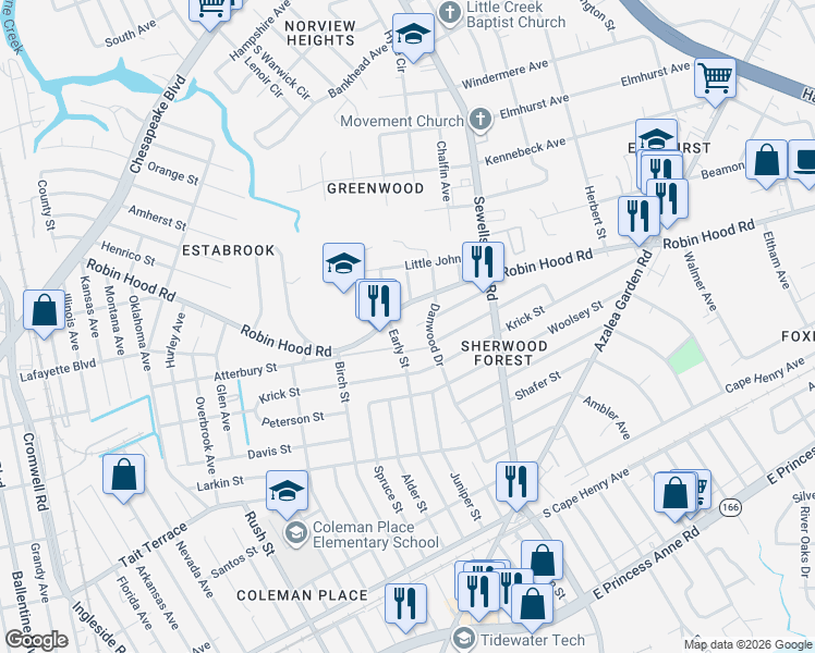 map of restaurants, bars, coffee shops, grocery stores, and more near 2822 Early Street in Norfolk