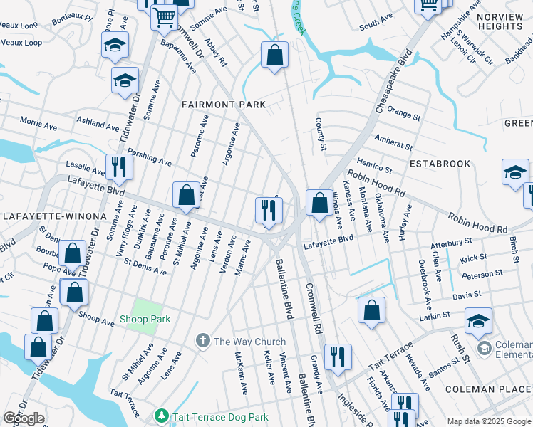 map of restaurants, bars, coffee shops, grocery stores, and more near 3213 Lyons Avenue in Norfolk