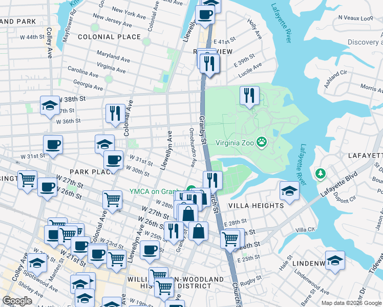 map of restaurants, bars, coffee shops, grocery stores, and more near 122 Broadway Street in Norfolk