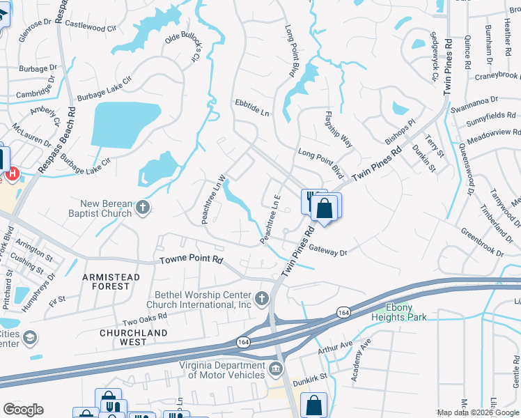 map of restaurants, bars, coffee shops, grocery stores, and more near 3850 Peachtree Lane West in Portsmouth