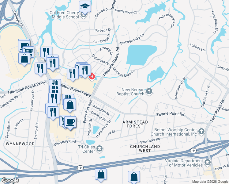 map of restaurants, bars, coffee shops, grocery stores, and more near 6201 White Ash Court in Suffolk
