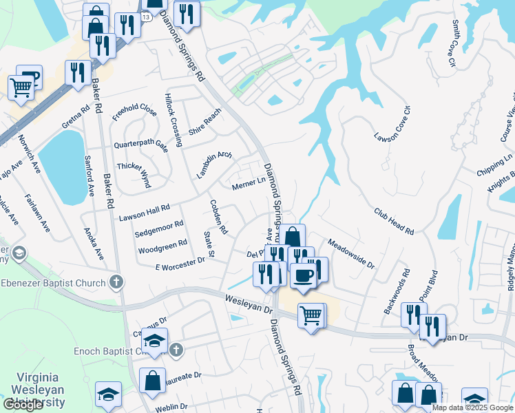 map of restaurants, bars, coffee shops, grocery stores, and more near 5604 Rycroft Court in Virginia Beach