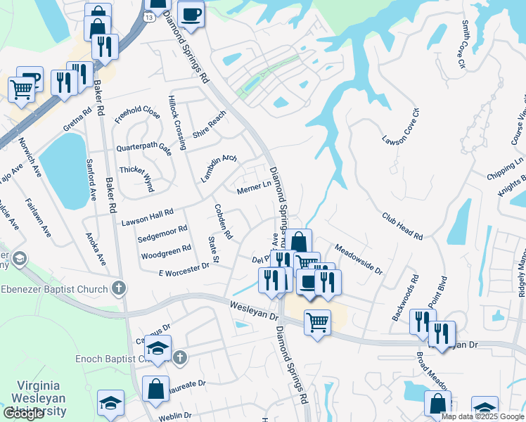 map of restaurants, bars, coffee shops, grocery stores, and more near 5604 Rycroft Court in Virginia Beach