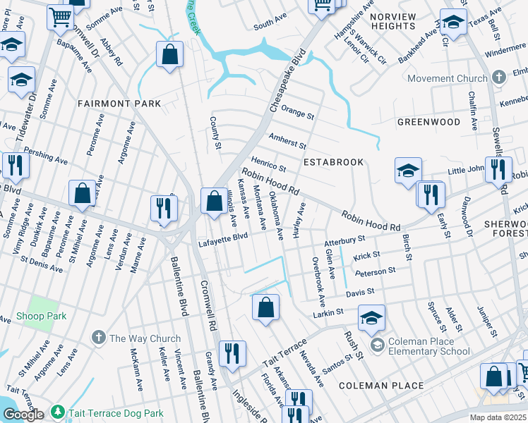 map of restaurants, bars, coffee shops, grocery stores, and more near 3122 Montana Avenue in Norfolk