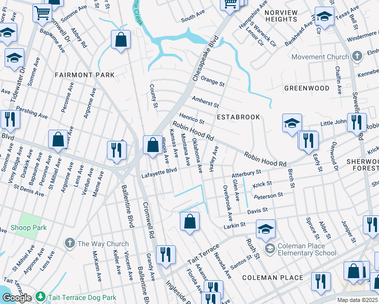 map of restaurants, bars, coffee shops, grocery stores, and more near 3122 Montana Avenue in Norfolk