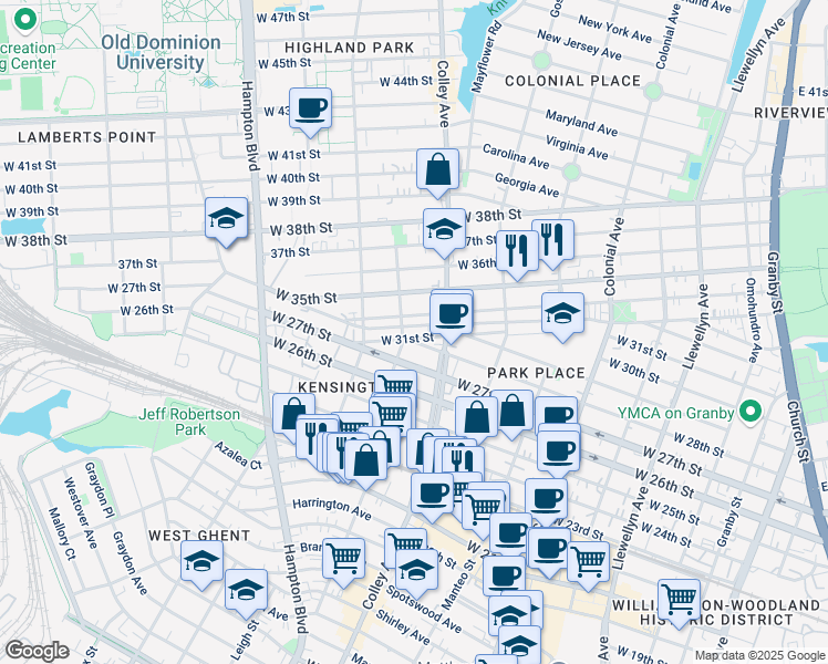 map of restaurants, bars, coffee shops, grocery stores, and more near 824 West 31st Street in Norfolk