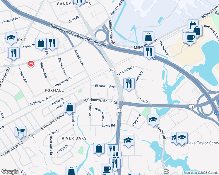 map of restaurants, bars, coffee shops, grocery stores, and more near 5619 Elizabeth Avenue in Norfolk