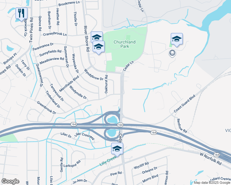 map of restaurants, bars, coffee shops, grocery stores, and more near 4001 Wyndybrow Drive in Portsmouth