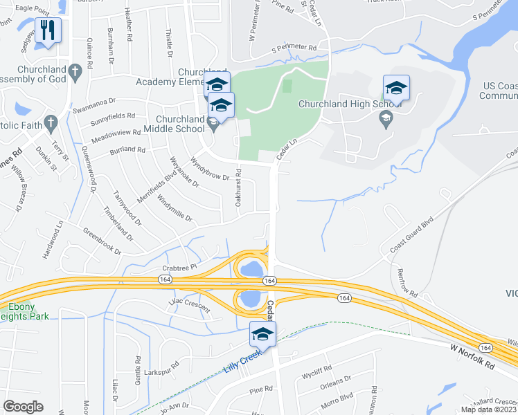 map of restaurants, bars, coffee shops, grocery stores, and more near 4001 Wyndybrow Drive in Portsmouth