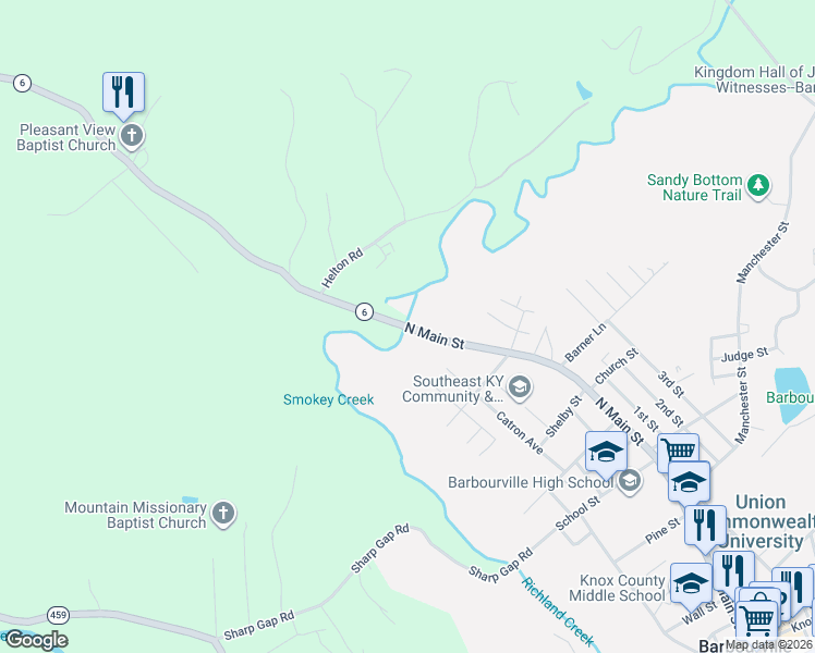 map of restaurants, bars, coffee shops, grocery stores, and more near 1024 North Main Street in Barbourville