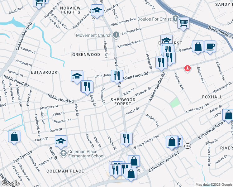map of restaurants, bars, coffee shops, grocery stores, and more near 4747 Atterbury Street in Norfolk