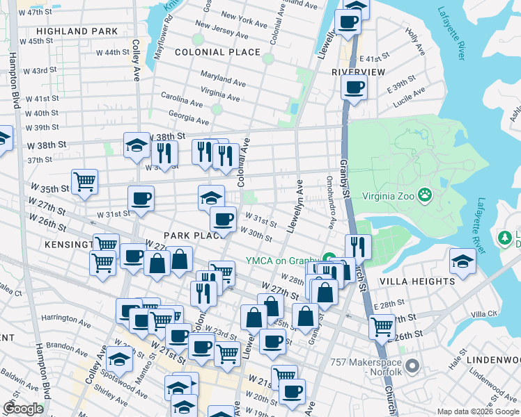 map of restaurants, bars, coffee shops, grocery stores, and more near 402 West 31st Street in Norfolk
