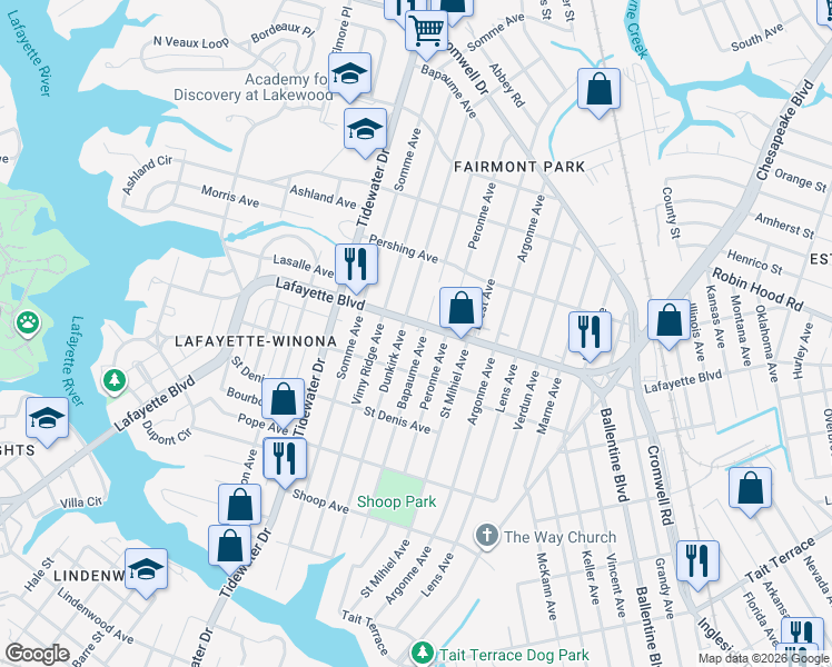 map of restaurants, bars, coffee shops, grocery stores, and more near 2211 Lafayette Boulevard in Norfolk
