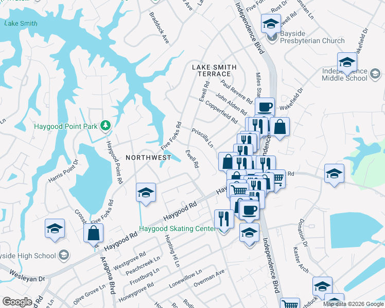 map of restaurants, bars, coffee shops, grocery stores, and more near 925 Ewell Road in Virginia Beach
