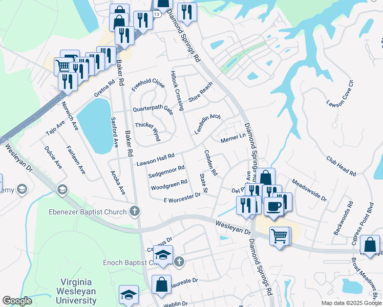 map of restaurants, bars, coffee shops, grocery stores, and more near 1048 Old Canterbury Drive in Virginia Beach