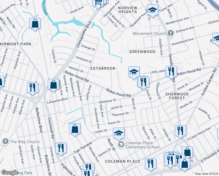 map of restaurants, bars, coffee shops, grocery stores, and more near 3837 Robin Hood Road in Norfolk