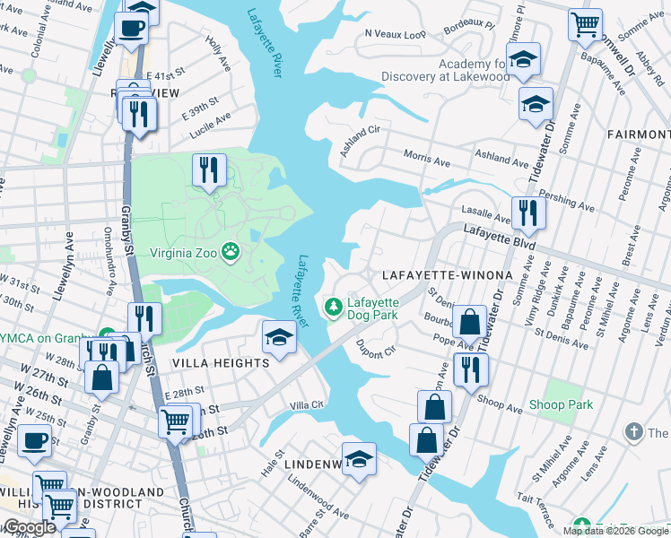 map of restaurants, bars, coffee shops, grocery stores, and more near 136 Orleans Circle in Norfolk