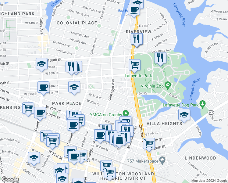 map of restaurants, bars, coffee shops, grocery stores, and more near 222 West 32nd Street in Norfolk