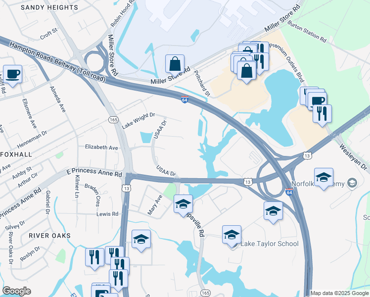 map of restaurants, bars, coffee shops, grocery stores, and more near 5800 Northampton Boulevard in Norfolk