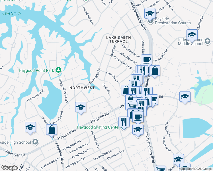 map of restaurants, bars, coffee shops, grocery stores, and more near 925 Ewell Road in Virginia Beach