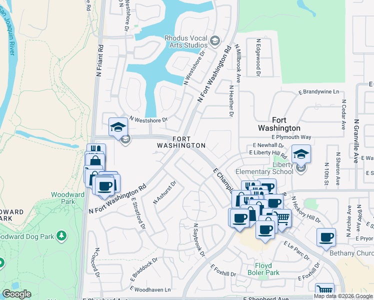 map of restaurants, bars, coffee shops, grocery stores, and more near 9659 North Shenandoah Lane in Fresno