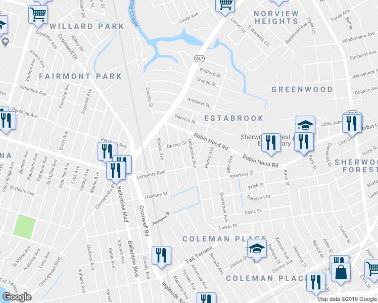 map of restaurants, bars, coffee shops, grocery stores, and more near 3123 Oklahoma Avenue in Norfolk