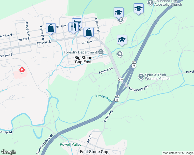 map of restaurants, bars, coffee shops, grocery stores, and more near 2804 Cousins Lane in Big Stone Gap