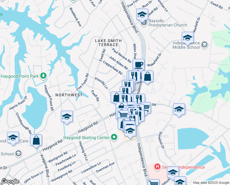 map of restaurants, bars, coffee shops, grocery stores, and more near 1025 Miles Standish Road in Virginia Beach