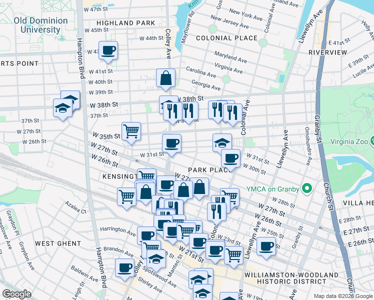 map of restaurants, bars, coffee shops, grocery stores, and more near 716 West 31st Street in Norfolk