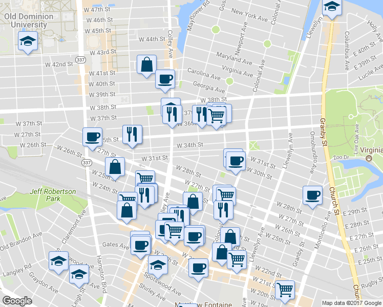 map of restaurants, bars, coffee shops, grocery stores, and more near 712 West 31st Street in Norfolk