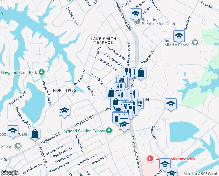 map of restaurants, bars, coffee shops, grocery stores, and more near 1025 Miles Standish Road in Virginia Beach