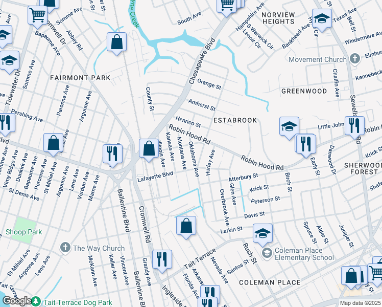 map of restaurants, bars, coffee shops, grocery stores, and more near 3125 Oklahoma Avenue in Norfolk