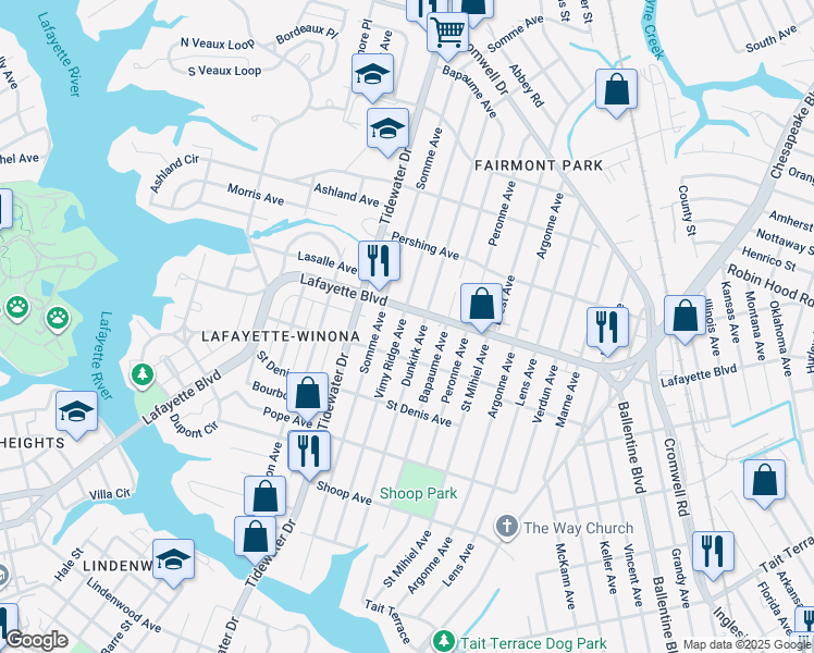 map of restaurants, bars, coffee shops, grocery stores, and more near 3128 Vimy Ridge Avenue in Norfolk
