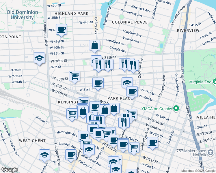map of restaurants, bars, coffee shops, grocery stores, and more near 712 West 31st Street in Norfolk