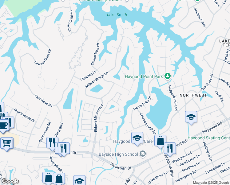 map of restaurants, bars, coffee shops, grocery stores, and more near 1197 Belmeade Drive in Virginia Beach