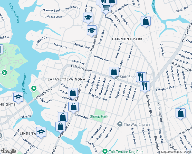 map of restaurants, bars, coffee shops, grocery stores, and more near 3128 Vimy Ridge Avenue in Norfolk