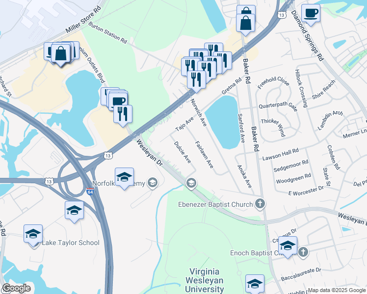 map of restaurants, bars, coffee shops, grocery stores, and more near 1017 Dulcie Avenue in Virginia Beach