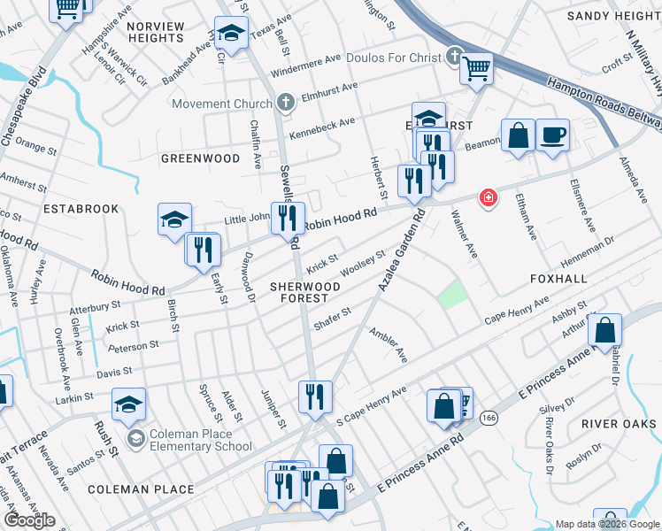 map of restaurants, bars, coffee shops, grocery stores, and more near 4911 Woolsey Street in Norfolk