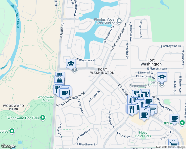 map of restaurants, bars, coffee shops, grocery stores, and more near 645 East Champlain Drive in Fresno