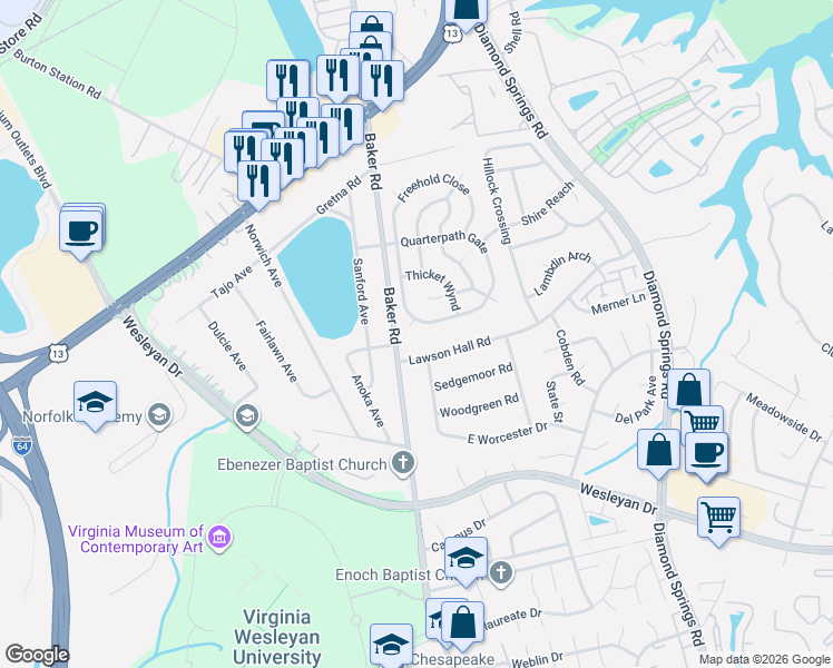 map of restaurants, bars, coffee shops, grocery stores, and more near 1037 Baker Road in Virginia Beach