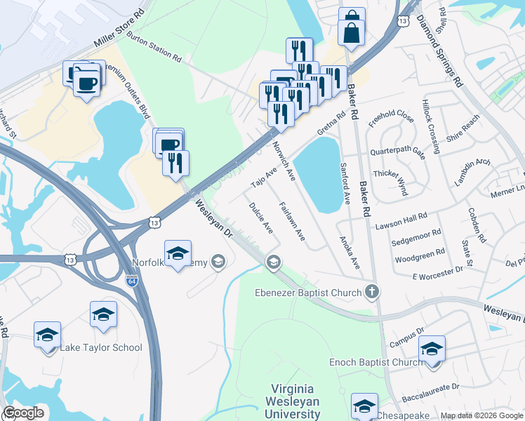 map of restaurants, bars, coffee shops, grocery stores, and more near 1017 Dulcie Avenue in Virginia Beach