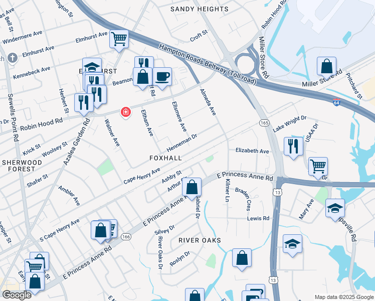 map of restaurants, bars, coffee shops, grocery stores, and more near 5368 Ashby Street in Norfolk