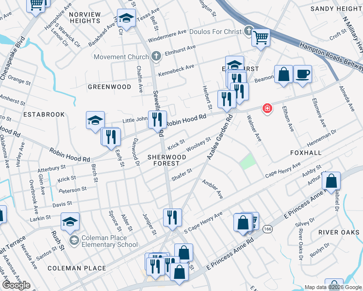 map of restaurants, bars, coffee shops, grocery stores, and more near 4911 Woolsey Street in Norfolk