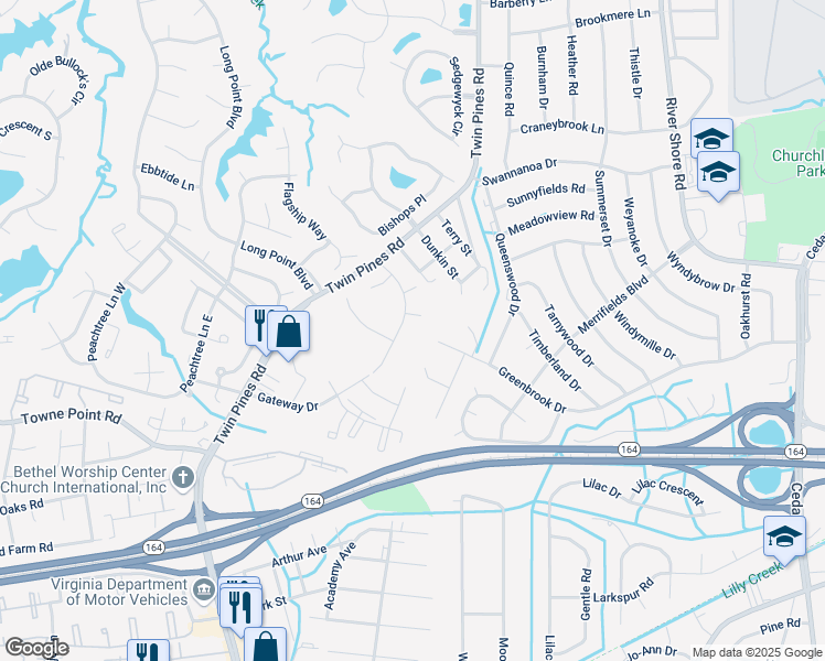 map of restaurants, bars, coffee shops, grocery stores, and more near 3433 Willow Breeze Drive in Portsmouth