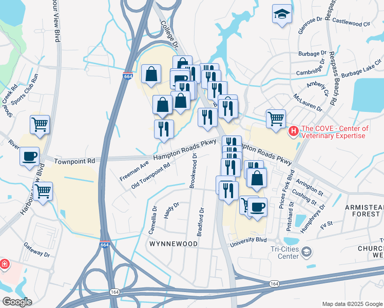 map of restaurants, bars, coffee shops, grocery stores, and more near 6447 Old Townpoint Road in Suffolk