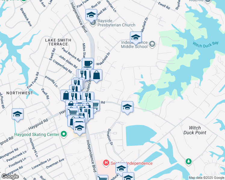 map of restaurants, bars, coffee shops, grocery stores, and more near 4513 Old English Circle in Virginia Beach