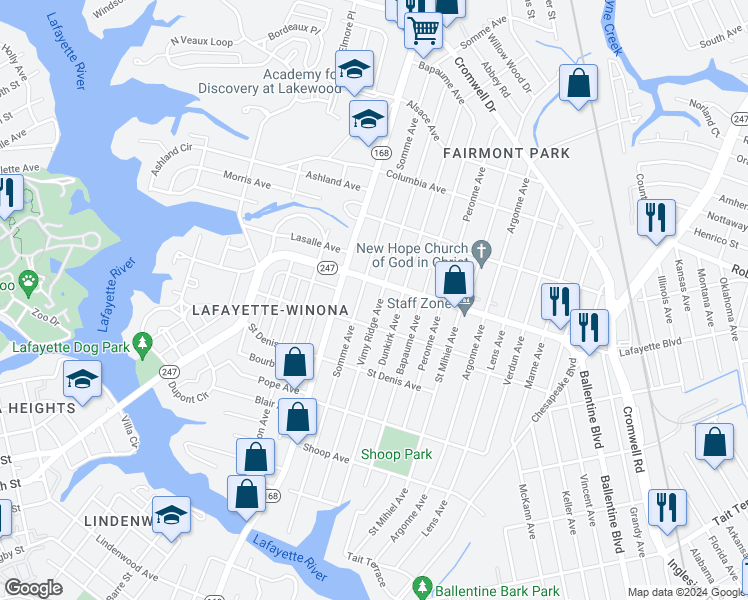 map of restaurants, bars, coffee shops, grocery stores, and more near 3125 Vimy Ridge Avenue in Norfolk