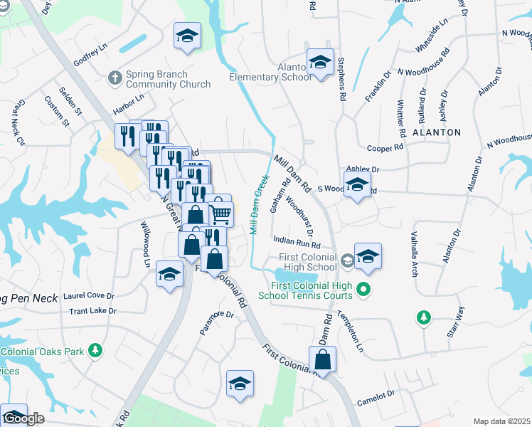 map of restaurants, bars, coffee shops, grocery stores, and more near 1305 Graham Road in Virginia Beach